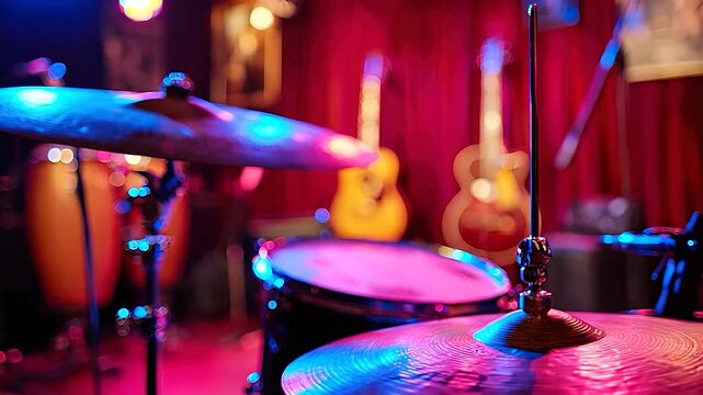 Musical instruments on a dimly lit stage with colorful lights