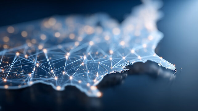 Map of the United States connected by glowing nodes representing national communication networks, digital infrastructure, and data exchange.
