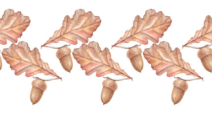 Watercolor autumn seamless border with orange oak leaf and acorn on white background. Forest nature plant foliage leaves. Creative rim for halloween card. Wallpaper or wrapping and sketchbook © NatashaKun