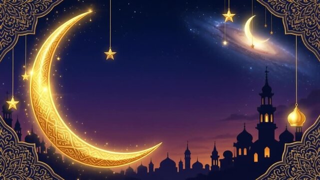 A video showcasing a Ramadan Kareem greeting card with a beautiful crescent moon and stars in the night sky