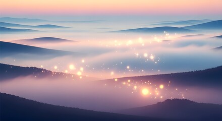 Obraz premium Magical Misty Mountains Sunrise with Glowing Lights.