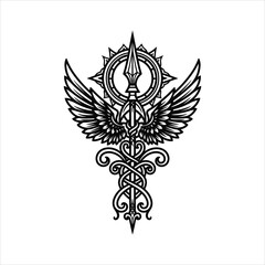 Obraz premium Winged Spear Staff Tattoo Line Art Vector Illustration