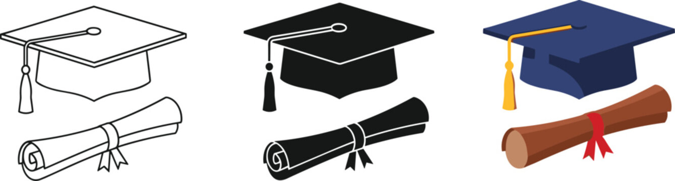 Graduation cap and diploma scroll icon set, mortarboard hat with certificate, university degree symbols in outline, silhouette, and flat styles.