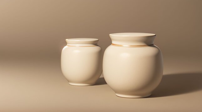 Minimal ceramic jars with smooth matte texture on beige background, soft light and calm aesthetic
