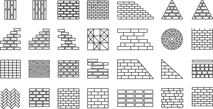 Set of brick wall patterns, construction masonry bond icons, building material textures, architectural stone tiling, house wall outlines, and pavestone designs.