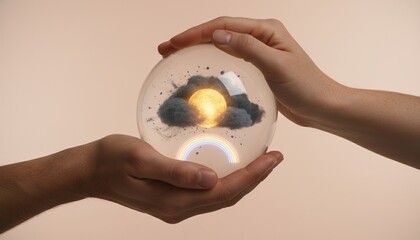 Fototapeta premium weather, crystal ball, climate change, future, environment, sustainability, prediction. Two hands holding a glass sphere with sun clouds and rainbow conceptualizing earth control.