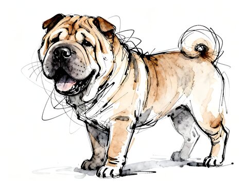 Minimalist abstract sketch series : happy Chinese Shar-Pei dog, isolated studio portrait of a canine pet in pure white background 007