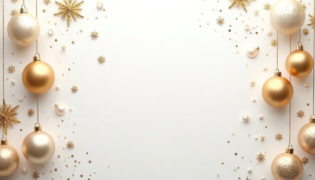 Festive gold, white Christmas ornaments with star shapes, confetti scattered on white background. Elegant New Year celebration backdrop with hanging baubles. Holiday greeting card design template.