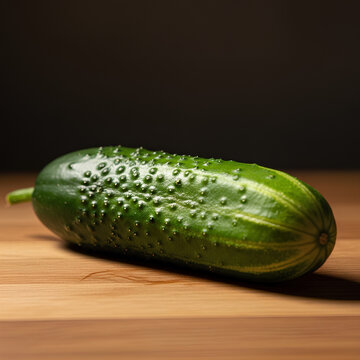 A single fresh green cucumber with bumpy skin on a wooden surface.