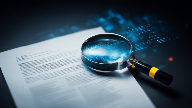 Magnifying glass over a document with digital data reflections, representing audit review, risk assessment, and investigative analysis.

