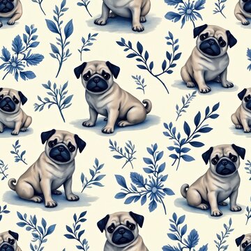 Seamless pattern with cute pug dogs and blue floral leaves. Repeat design for fabric wallpaper or textiles. Charming animal motif with classic rustic aesthetic for home decor.