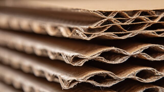 Stack of corrugated cardboard sheets close up with textured edges for packaging, shipping, storage and recyclable material in warehouse or factory environment.