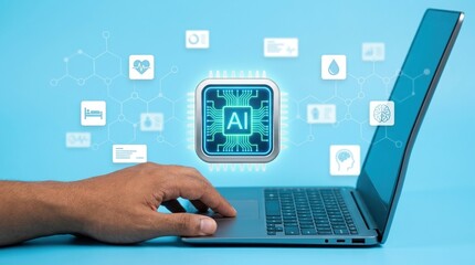 Obraz premium AI, Healthcare, Medical, Technology, Artificial Intelligence, Digital Health, Innovation concept showing a hand using a laptop with a glowing processor and medical icons for diagnostics.