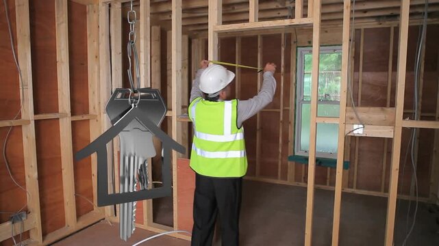 Site inspector facing framing, reaching studs, extending tape to record width, checking plumb