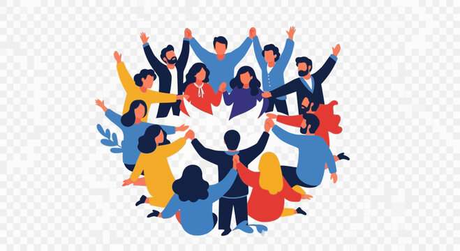 Diverse people holding hands in a circle celebrating unity and teamwork.