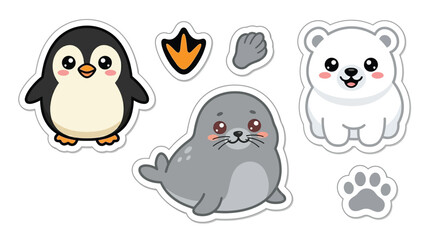A charming collection of cute cartoon arctic and Antarctic animals, including a penguin, a seal, and a polar bear, along with their footprints. © Airwj