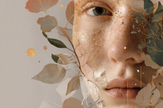 Close up of woman face with artistic golden leaves overlay and natural skin texture, beauty portrait with creative nature elements and soft light background.