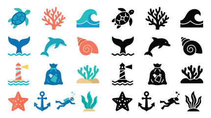 Collection of colorful and silhouette icons representing marine life, ocean elements, and environmental conservation themes. © Airwj