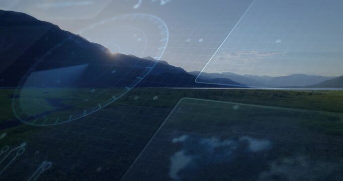 Mountain ridge and valley revealing HUD overlays as sun peeking and rotating gauge for mapping