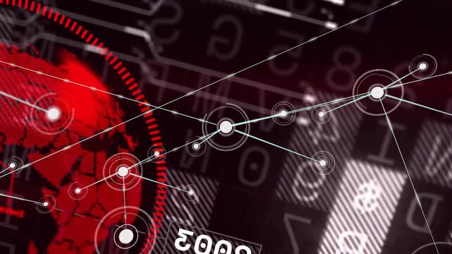 Red dial sweeping, hub pulsing, expanding network in data HUD showing globe and labels mapping data