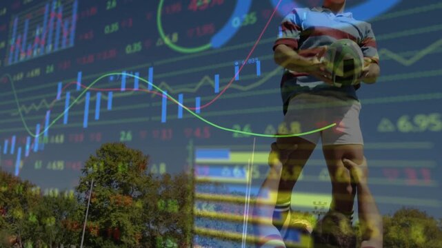 Lifter hoisting jumper, jumper catching rugby ball while finance charts overlay pitch showing value