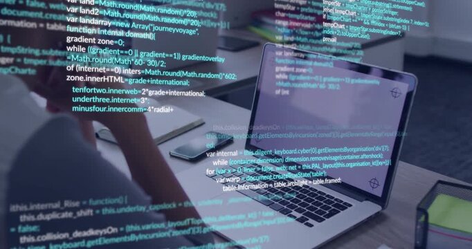 Tech dev leaning forward, moving hand toward keys, causing code overlay to fill view for debug