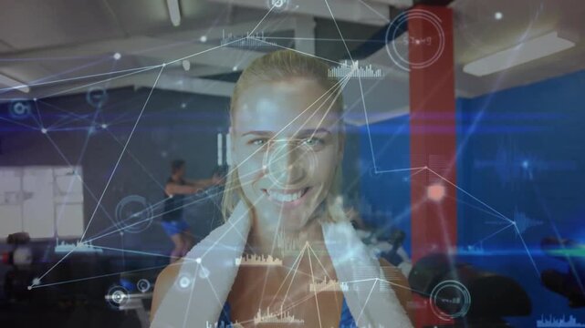 Woman holding towel adjusting after camera cut, animated HUD highlighting gym continuity error