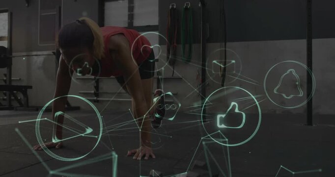 On record start, trainer doing alternating knee-drives in gym for socials, holo icons over athlete