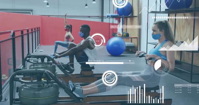 Right woman starting stroke, middle man joining, left woman lunging, fitness HUD monitoring metrics