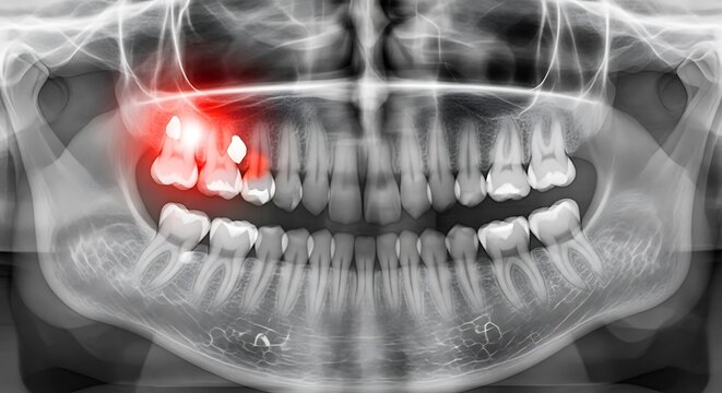 A dental X-ray image showing impacted wisdom teeth with a highlighted red area indicating a potential dental problem.