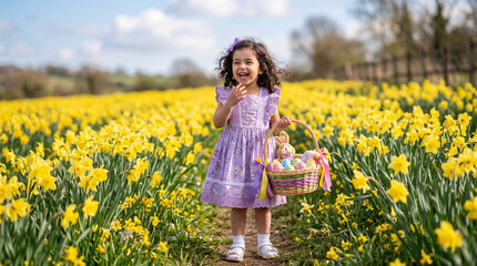 Fototapeta premium Easter celebration toddler Middle Eastern girl laughing holding basket daffodil field spring for holiday greeting cards marketing