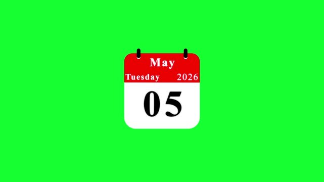 Red tear-off calendar showing May Tuesday 5 2026 on green screen