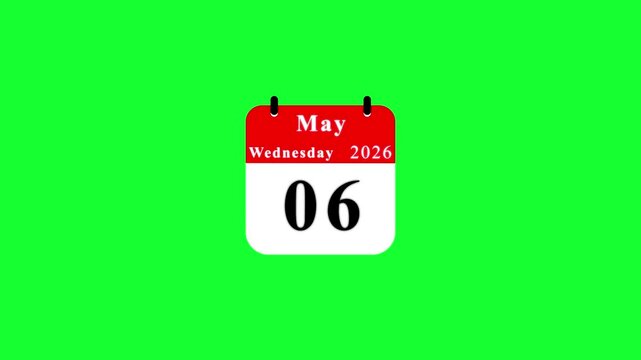 Red tear-off calendar showing May Wednesday 6 2026 on green screen