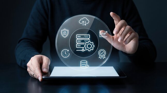 cloud computing, data center, server management, network security, digital transformation, technology, database administrator managing web hosting services with tablet and hologram.