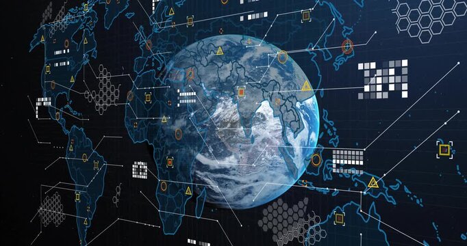 Globe emerging and rotating while borders drawing, hex grids aligning, linking nodes for analytics