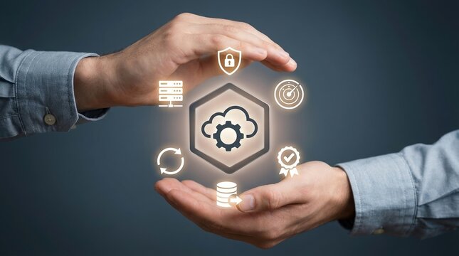 cloud computing, cybersecurity, data security, managed services, cloud infrastructure, network security, data protection concept showing hands protecting glowing digital icons