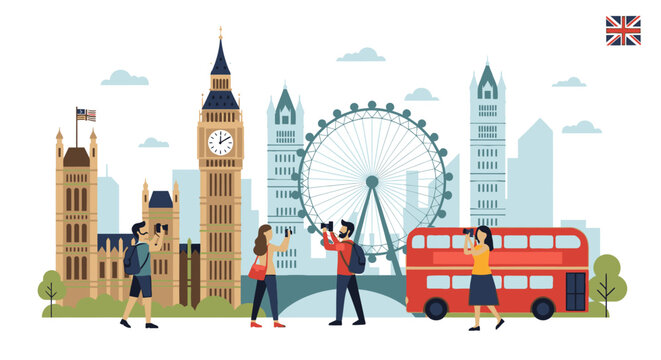 Illustration of tourists taking photos in front of London cityscape with Big Ben, London Eye, and red double-decker bus against a white background with a cartoon style and vibrant colors.
