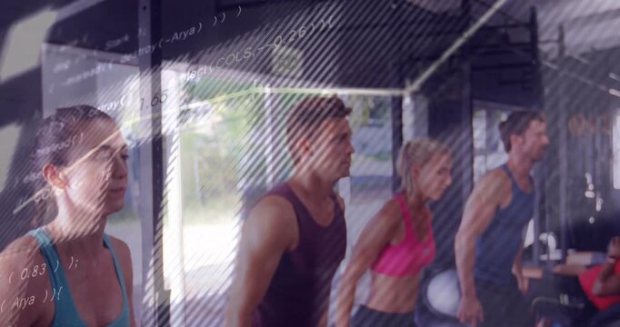 Turquoise woman starting squat, group syncing squats and raises, fitness charts and code overlaying