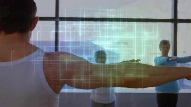 Instructor extending arm before paned window in fitness studio, causing neon HUD guiding alignment
