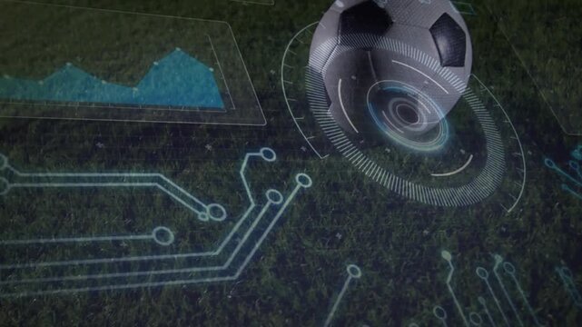 Ball entering radar HUD engaging scan, player juggling over area chart traces for sports analytics