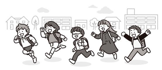 Naklejka premium ランドセルを背負って町中を走る小学生の男女グループのモノクロイラスト