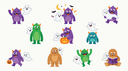 Fototapeta premium A collection of cute, cartoonish monsters and ghosts in various Halloween-themed poses and activities, perfect for festive designs.
