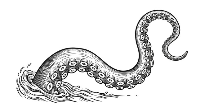 Hand-drawn vintage engraved style octopus tentacle emerging from crashing ocean waves. Black and white kraken or sea monster illustration.
