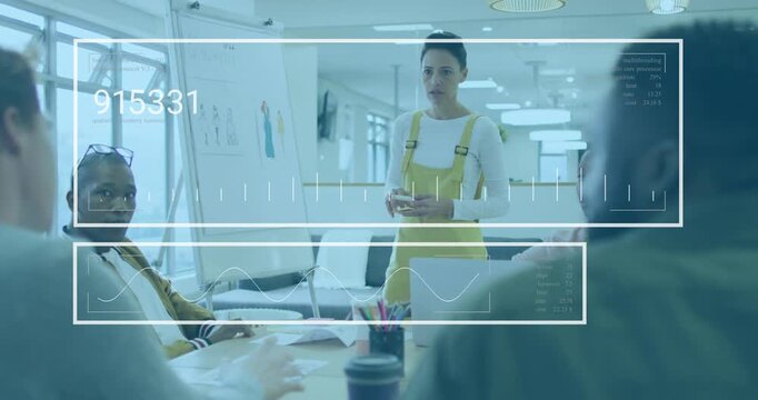 Woman presenter tapping remote leading flipchart sketches review while HUD overlays updating charts