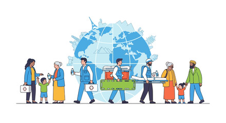 Fototapeta premium Diverse global aid workers providing medical relief with world globe