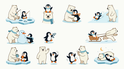 Charming illustrations depict a polar bear and a penguin enjoying various winter activities together, showcasing their friendship. © tr