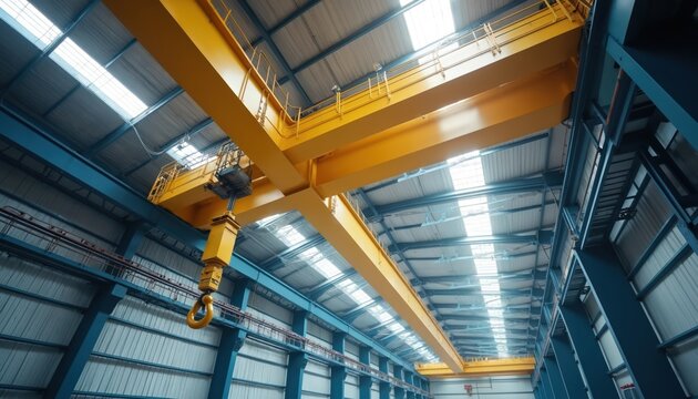 Yellow overhead crane with hook and pulley system inside industrial factory building. Heavy machinery lifts cargo on metal beams under roof skylights.