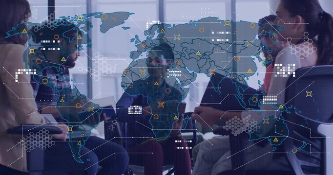 Center woman tapping tablet, guiding business team reviewing data, animated world map overlaying