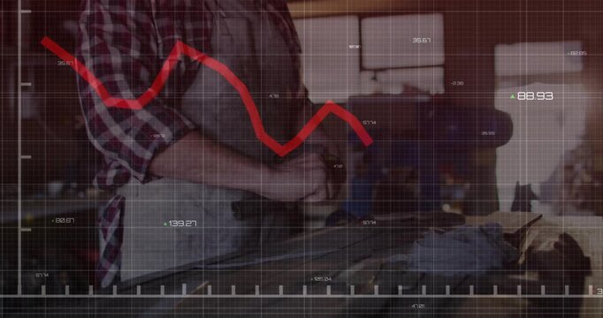 Male tech leaning, unscrewing cap for repair while red line chart rising or falling overlaying scene