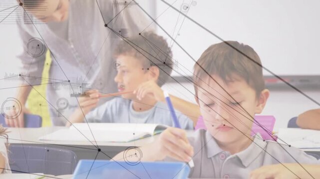 Class boy writing, teacher entering left leaning helping student, network overlay linking workbooks